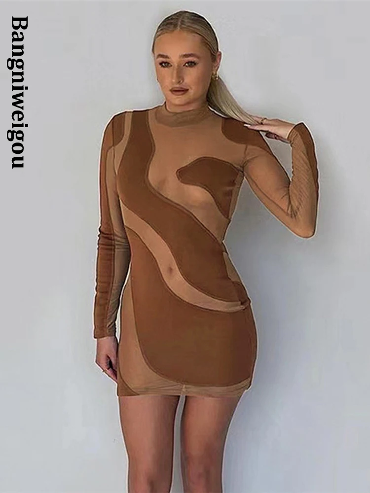 

Bangniweigou Asymmetrical Mesh Patchwork Sexy Sheer Mini Dress Women Long Sleeve Brown Outfit Nightclub Hipster Mini Sheath