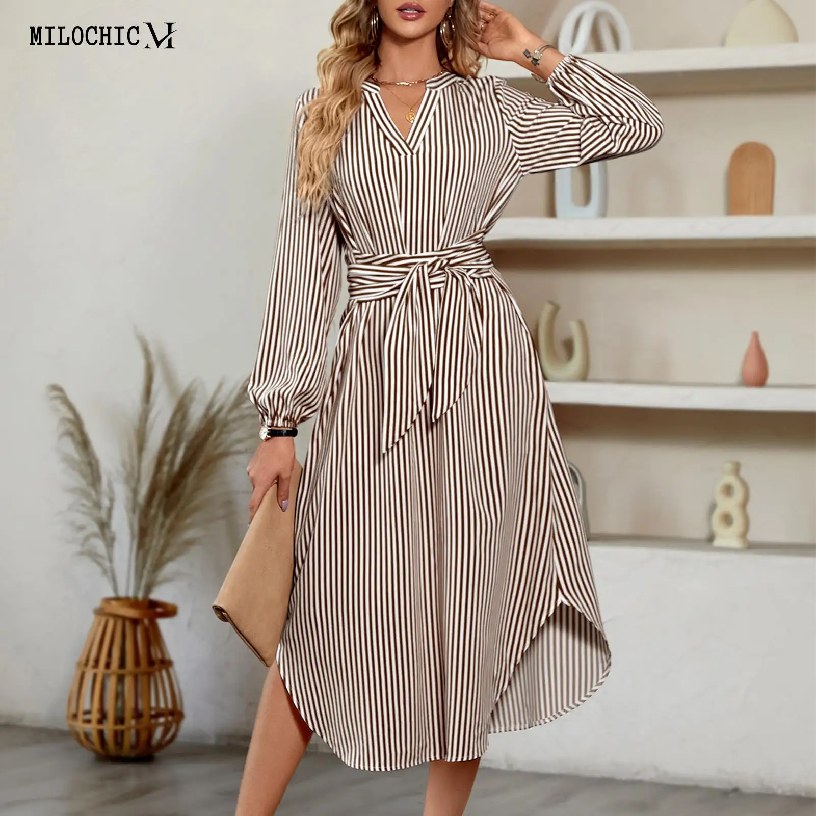 

Women Striped Midi Dress Casual Long Sleeve Dress Pullover Striped Shirt Dress Curved Hem with Belted Daily Commuting Dress