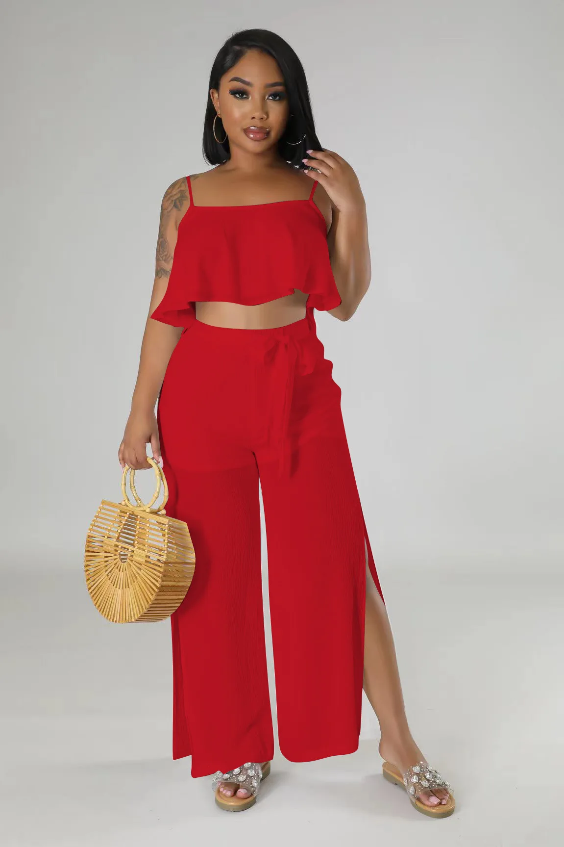 Women Fashion Nightclub Party Outfits Sexy Two Piece Set Summer Tops + High Waist Split Wide Leg Flare Pants Solid Colours Suit
Women Fashion Nightclub Party Outfits Sexy Two Piece Set Summer Tops + High Waist Split Wide Leg Flare Pants Solid Colours Suit