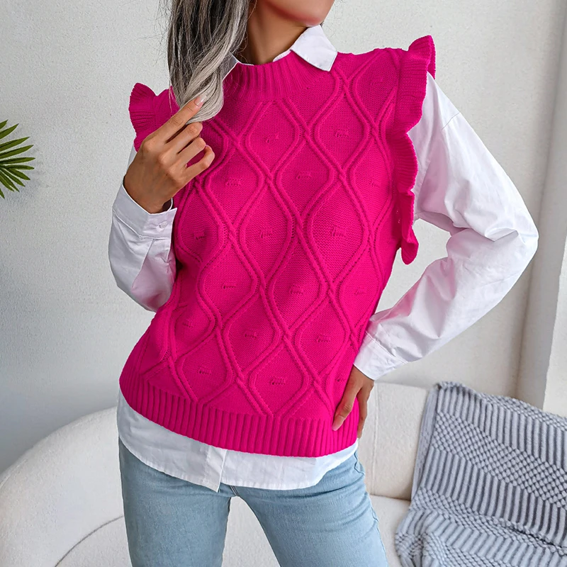 Argyle Knit Vest Women Casual Round Neck Sleeveless Ruffles Sweater Vest Female Autumn Winter Fashion Solid Color Tank Pullover
Argyle Knit Vest Women Casual Round Neck Sleeveless Ruffles Sweater Vest Female Autumn Winter Fashion Solid Color Tank Pullover