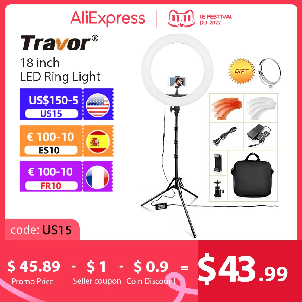 Travor ring lamp 18inch ring light with tripod dimmable 5500k LED light for youtube ringlight hoops light photography ligting
Travor ring lamp 18inch ring light with tripod dimmable 5500k LED light for youtube ringlight hoops light photography ligting
