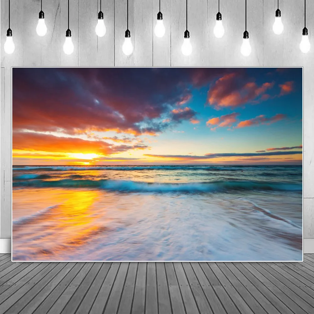 

Sunsetting Beach Ebb Tides Waves Holiday Photography Backdrops Summer Seaside Floating Dark Clouds Dusk Photo Booth Backgrounds