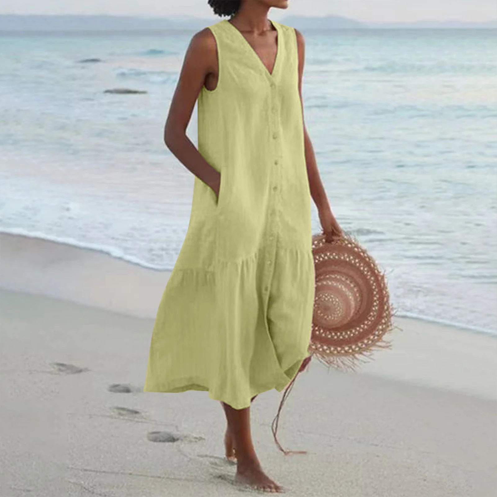 Women Casual Solid Cotton Beach Dress Summer Sleeveless V-neck Button Long Dress Fashion Loose Pocket Ruffled Tank Top Dresses
Women Casual Solid Cotton Beach Dress Summer Sleeveless V-neck Button Long Dress Fashion Loose Pocket Ruffled Tank Top Dresses