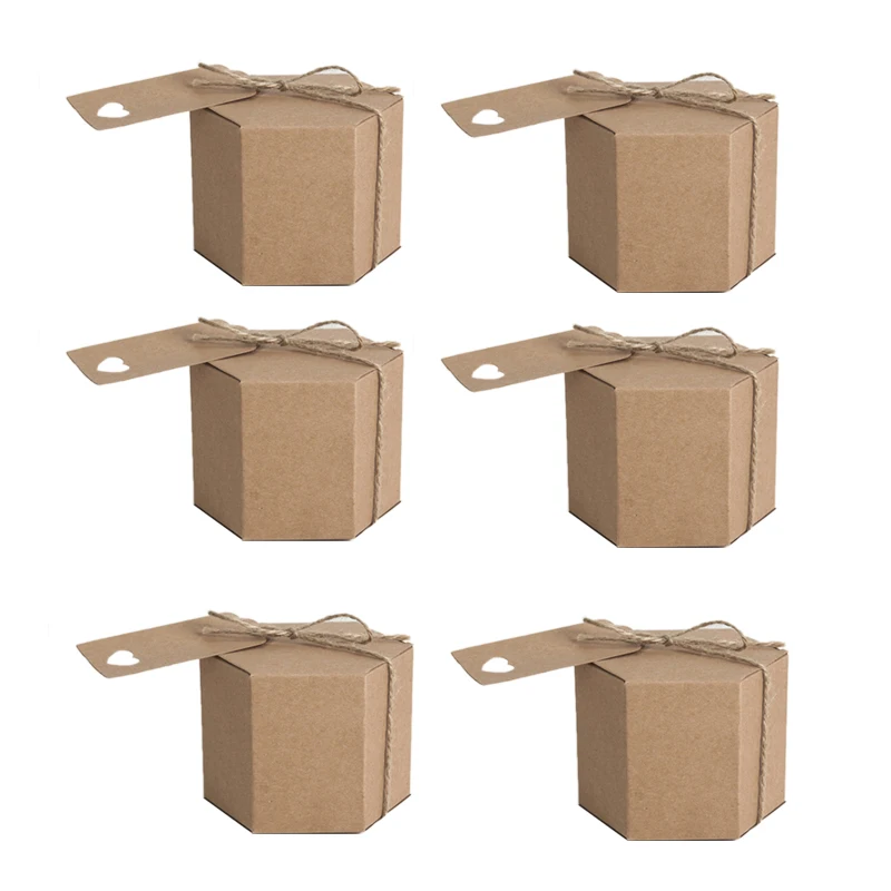 

50 шт. коробка из крафт-бумаги, шестигранная картонная коробка, Подарочная коробка, с веревкой и биркой, товары для свадебной вечеринки