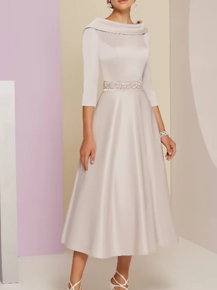 A-Line Mother of the Bride Dress Wedding Guest Bateau Neck Tea Length Satin 3/4 Length Sleeve with Beading Simple Evening Gown
A-Line Mother of the Bride Dress Wedding Guest Bateau Neck Tea Length Satin 3/4 Length Sleeve with Beading Simple Evening Gown