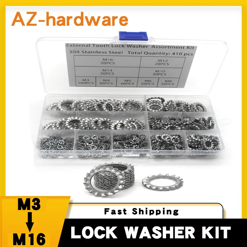410PCS Stainless Steel 304 External Tooth Lock Washer M3~M16 Stop External Tooth Tooth Gasket Box Set DIN6797A
410PCS Stainless Steel 304 External Tooth Lock Washer M3~M16 Stop External Tooth Tooth Gasket Box Set DIN6797A