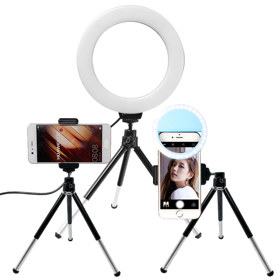 

16cm Ring Light Table Tripod With USB Charge Led Selfie Ring Light For Smartphone Camera Tripode Stand Cell Phone Holder Clip