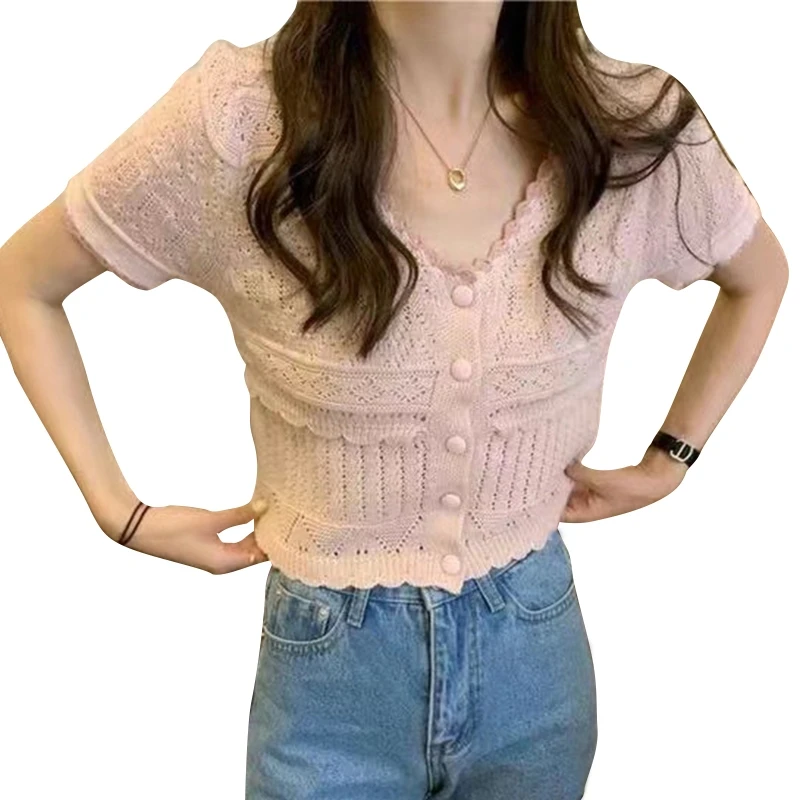 Women Korean Hollow Knit Elegant Cropped Cardigan Short Sleeve V-Neck Button Down Sweater Jacket Summer Thin Outwear
Women Korean Hollow Knit Elegant Cropped Cardigan Short Sleeve V-Neck Button Down Sweater Jacket Summer Thin Outwear