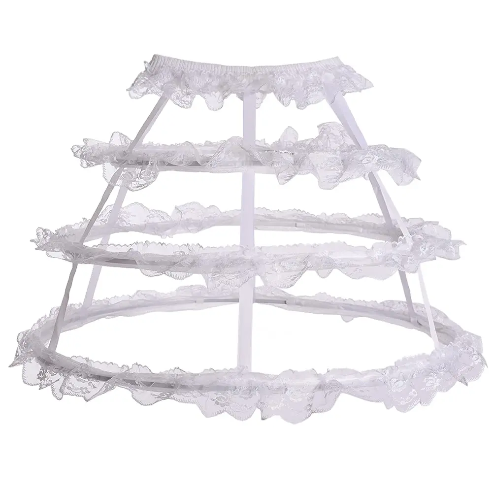 

Women White 3 Hoops Petticoat Crinoline Lolita Fishbone Hollow Bird Cage Skirt Floral Lace Underskirt