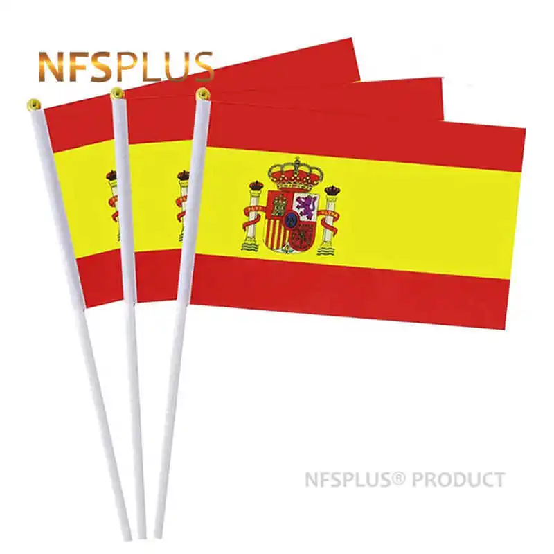 

10PCS Spanish Flag Spain 14x21cm Polyester Flags With 30cm Plastic Flagpoles For Decoration Celebration Parade Sports