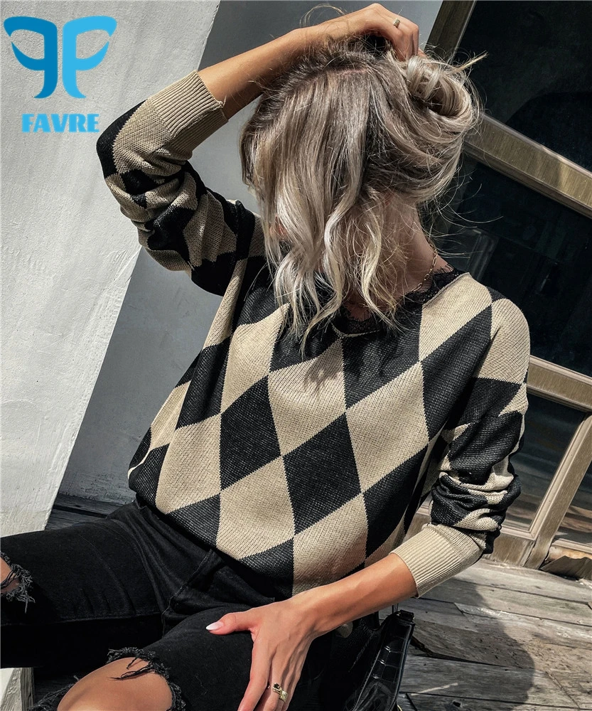 FAVRE Women Winter Sweater Argyle V-neck Long Sleeve Casual Outwear Khaki Knitted Classic Pullover Women Jumper
FAVRE Women Winter Sweater Argyle V-neck Long Sleeve Casual Outwear Khaki Knitted Classic Pullover Women Jumper
