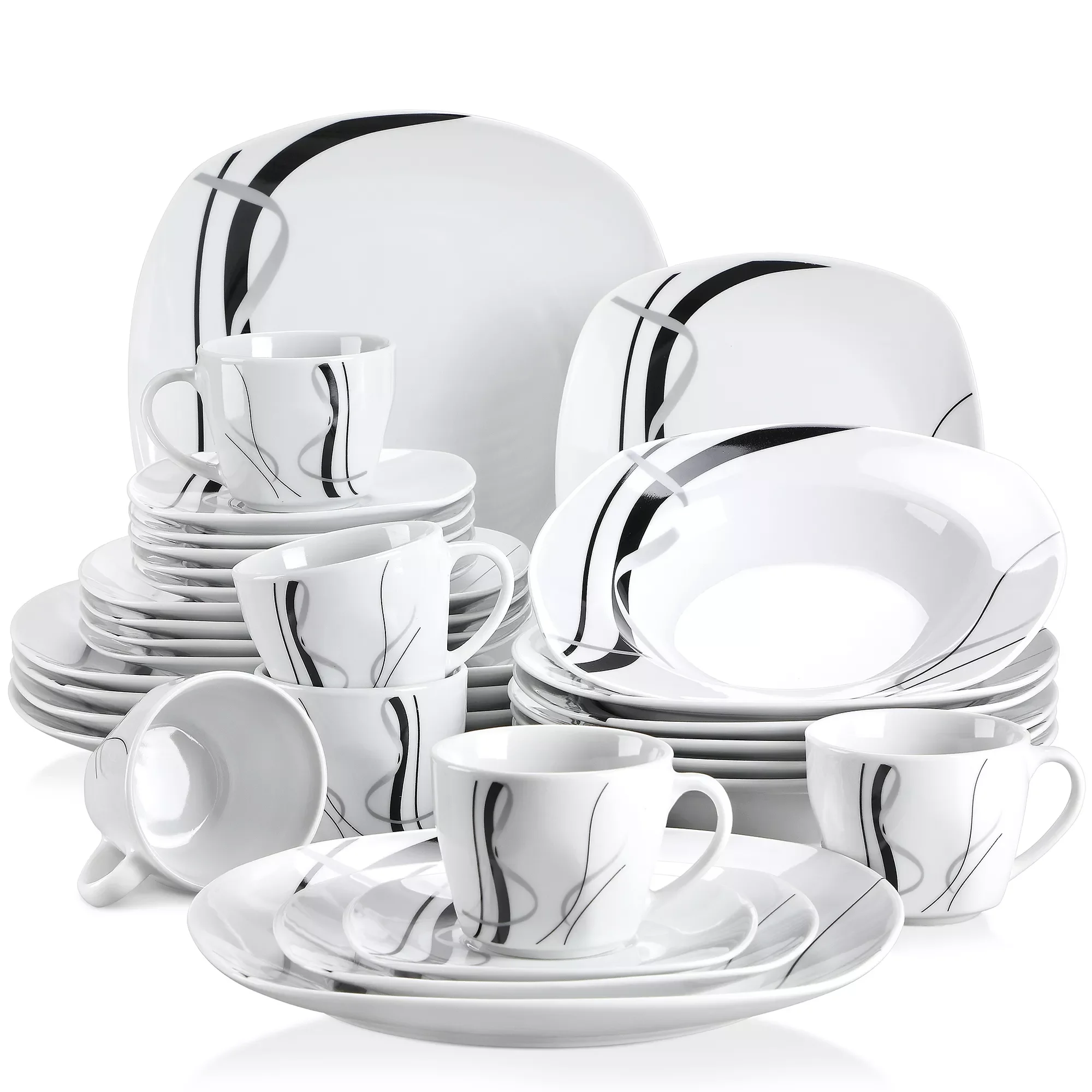 VEWEET FIONA 30/60 Piece Black Lines Porcelain Ceramic Tableware Set with Dessert Plates/Soup Plates/Dinner Plates/Cups/Saucers
VEWEET FIONA 30/60 Piece Black Lines Porcelain Ceramic Tableware Set with Dessert Plates/Soup Plates/Dinner Plates/Cups/Saucers