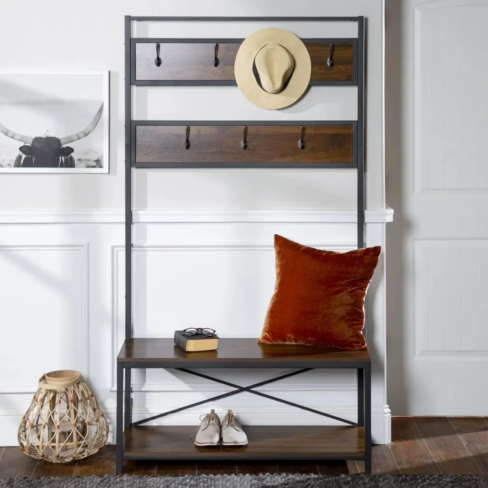 Dark Walnut Wall Coat Rack Industrial Hall Tree With Bench and Coat Hooks Shelf Clothes Racks Hanger Floor Room Furniture Stand
Dark Walnut Wall Coat Rack Industrial Hall Tree With Bench and Coat Hooks Shelf Clothes Racks Hanger Floor Room Furniture Stand