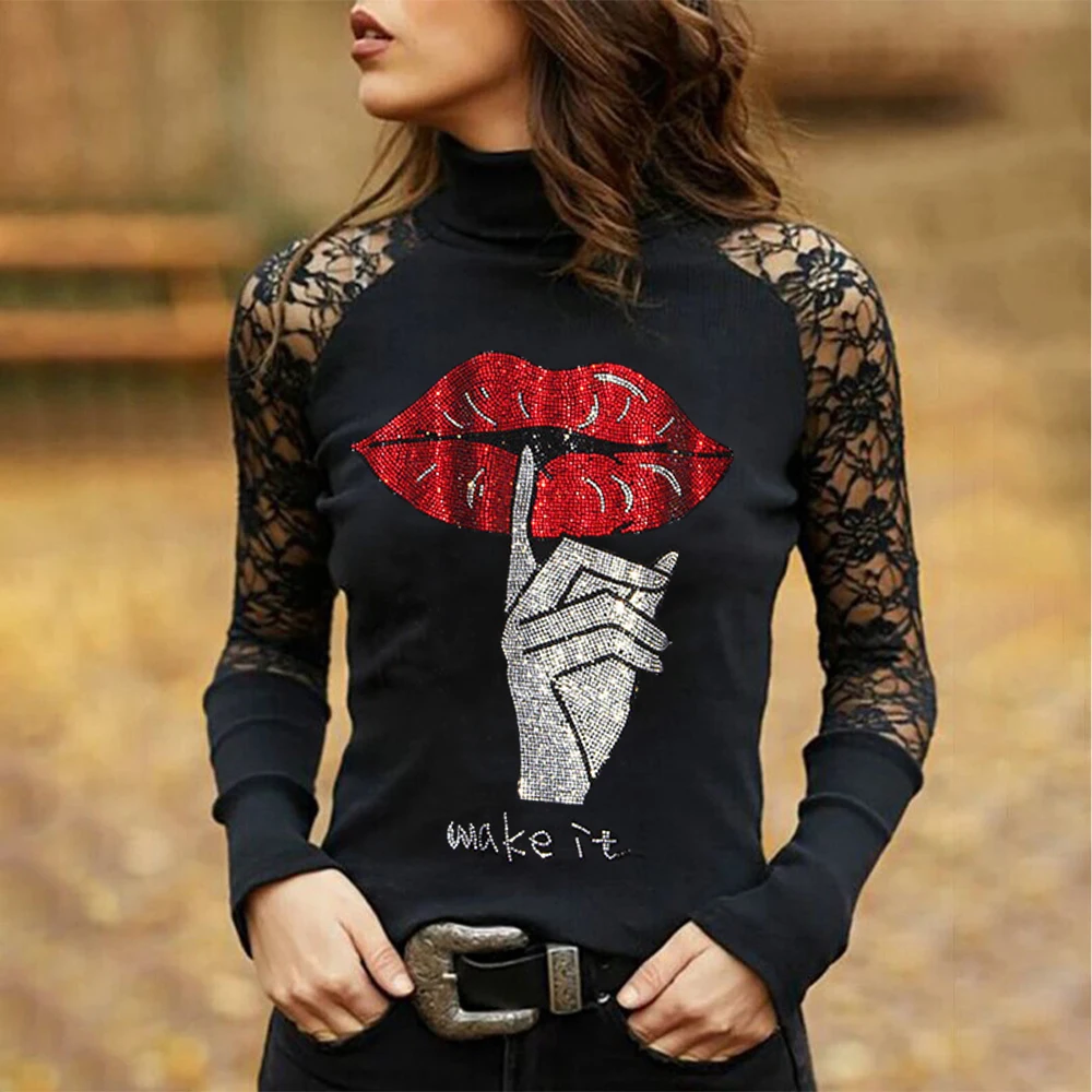 

Winter Red Lips Hot Drill Print Ladies T-Shirt Fashion Solid Lace Sexy Women TShirt Y2k Gothic Tee Long Sleeve Ol Clothes Tops