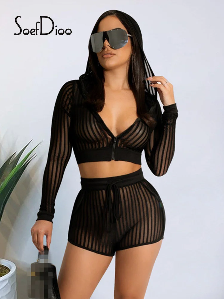Soefdioo Striped Sheer Mesh Two Piece Sets Womens Outfits Sexy Zipper Long Sleeve Hoodie and Shorts Matching Autumn Streetwear
Soefdioo Striped Sheer Mesh Two Piece Sets Womens Outfits Sexy Zipper Long Sleeve Hoodie and Shorts Matching Autumn Streetwear