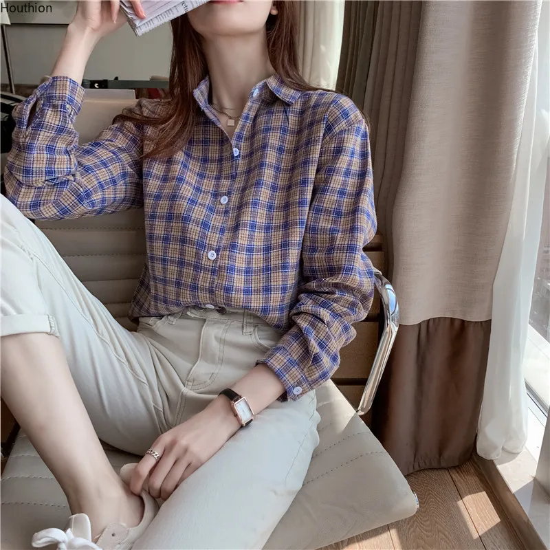 Summer Plaid Women's Blouses Cotton Casual Polo Shirt Fashion Loose Spring Lady Clothing Long Sleeve Top Houthion
Summer Plaid Women's Blouses Cotton Casual Polo Shirt Fashion Loose Spring Lady Clothing Long Sleeve Top Houthion
