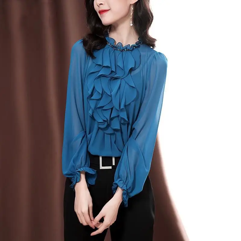 

Elegant Ruffles Spliced Shirt Female Clothing Round Neck Spring Autumn Long Sleeve Commute Stylish Folds Beading Straight Blouse