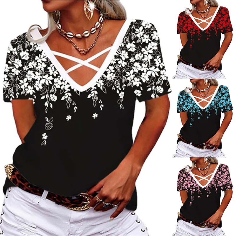 2022 Spring and Summer New Short-sleeved Casual Loose T-shirt Women's V-neck Cross Print T-shirt Fashion Pullover Women's Top
2022 Spring and Summer New Short-sleeved Casual Loose T-shirt Women's V-neck Cross Print T-shirt Fashion Pullover Women's Top