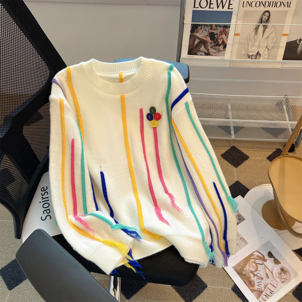 Женский свитер с бахромой, разноцветный пуловер с круглым вырезом и длинными рукавами, Свободный Топ на осень и зиму 
Женский свитер с бахромой, разноцветный пуловер с круглым вырезом и длинными рукавами, Свободный Топ на осень и зиму