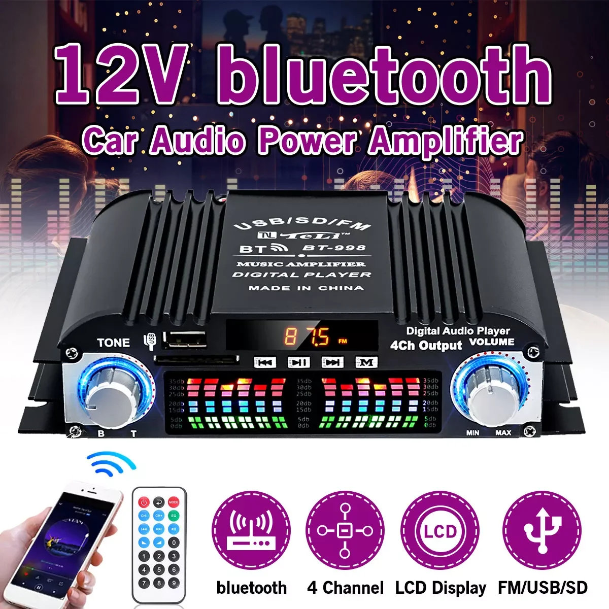 Hifi Audio Home Digital Amplifiers Car Audio Bass Power bluetooth Amplifier FM USB SD Radio Subwoofer Speakers 12V/220V
Hifi Audio Home Digital Amplifiers Car Audio Bass Power bluetooth Amplifier FM USB SD Radio Subwoofer Speakers 12V/220V