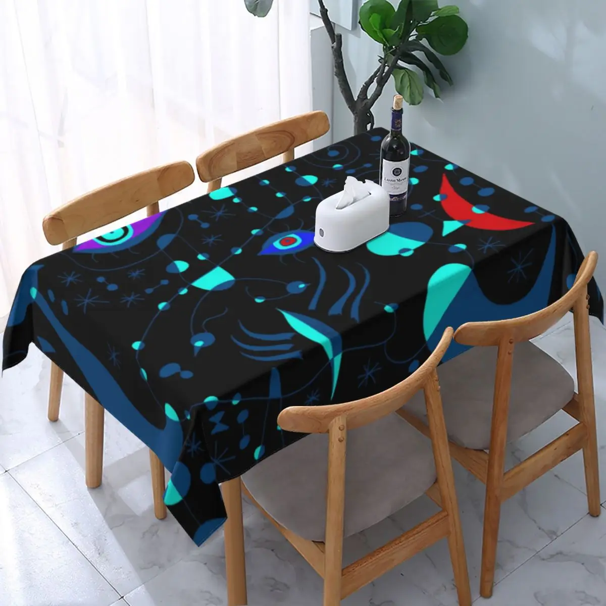 

Rectangular Oilproof Joan Miro Table Cover Fitted 3D Comic Pattern Table Cloth Backed Edge Tablecloth for Dining