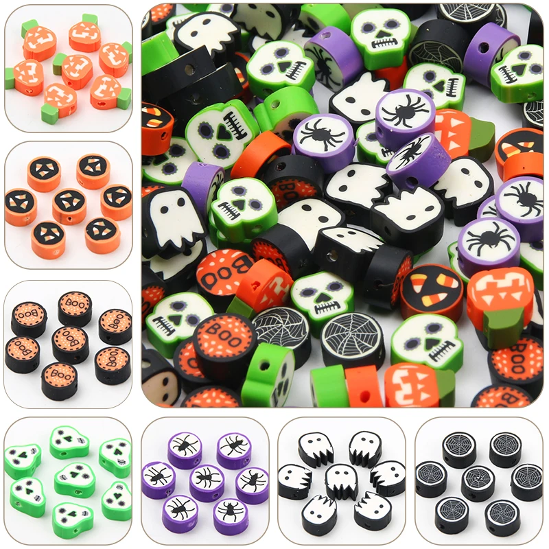 

Mixed Colored Clay Beads 20/50pcs Cartoon Halloween Spider Pumpkin Pattern Polymer Clay Beads For Jewelry Making DIY Accessories