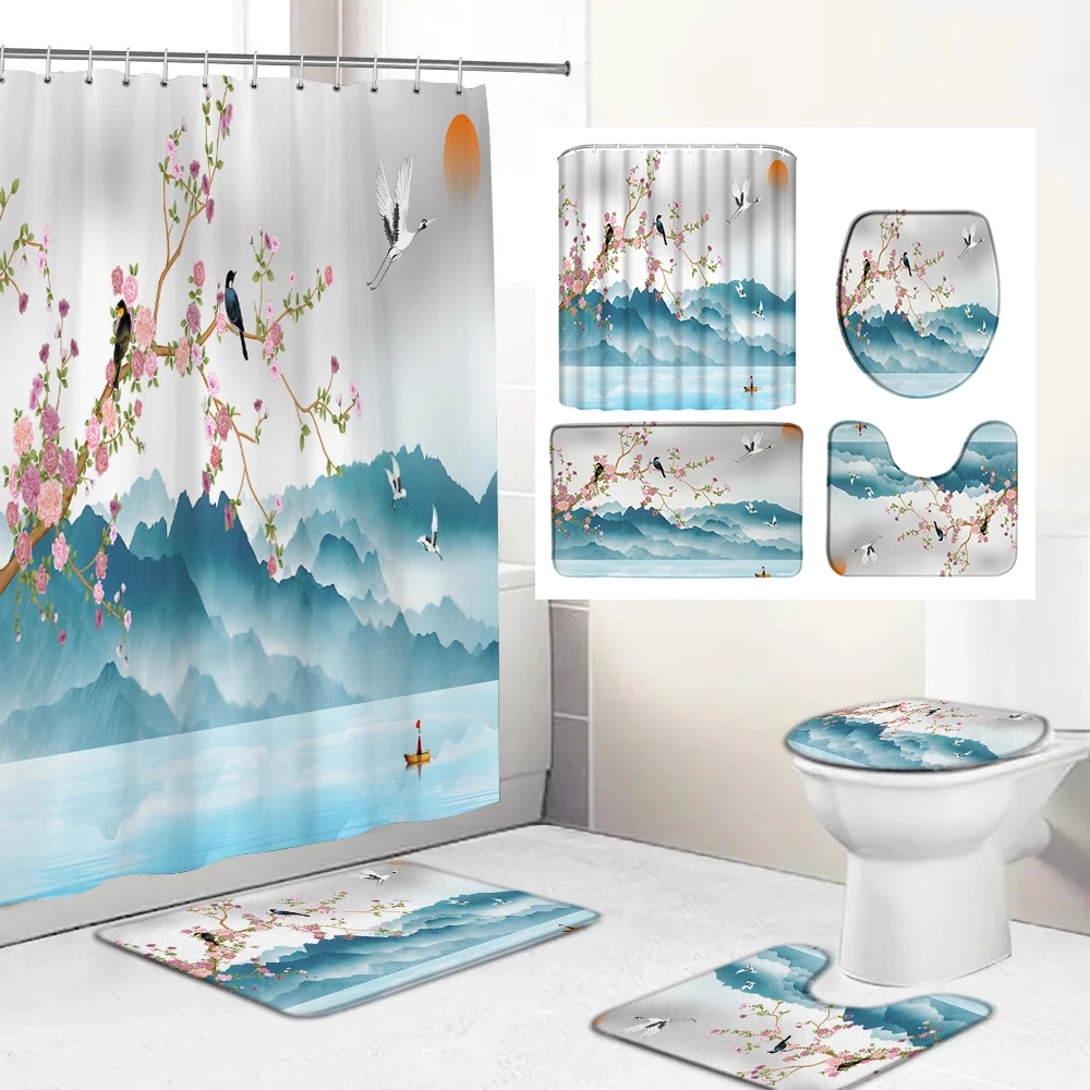 

Chinese Scenery of Flowers and Birds Printing Shower Curtains Bathroom Curtain Anti-slip Bath Mat Set Toilet Rugs Carpet Decor