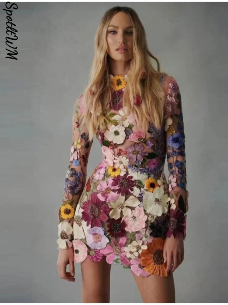 

Eleganckie Luksusowe Kwiatowy Haft Kobiety Mini Sukienka Kobiet Przepuszczalność Sukienki z Długim Rękawem 2023 Wiosna Wieczór