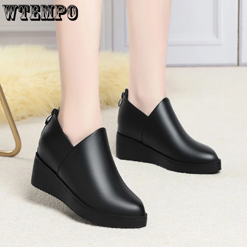 

WTEMPO Fashion Outdoor Warm Black Plush Work Shoes Women Fall Winter New Soft Wedged Heel Non Slip Zipper Cotton Leather Shoes