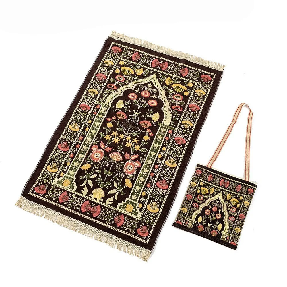 

New Muslim Worship Mat Prayer Blanket with Storage Bag Tassel Travel Chenille Rug Islamic Eid Decoration Islam Carpet Portable