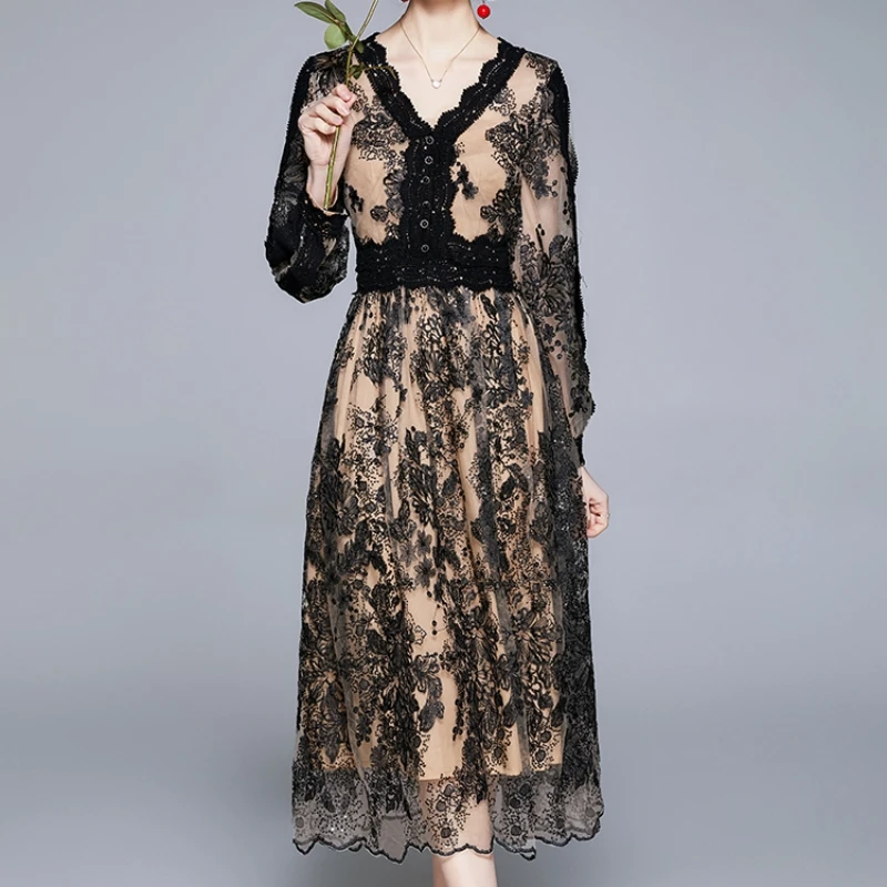 Lace Patchwork V-Neck Long Sleeve Slim Fit Mesh Sequin Embroidery Dress Autumn High Waist Mesh Party Women Vestidos
Lace Patchwork V-Neck Long Sleeve Slim Fit Mesh Sequin Embroidery Dress Autumn High Waist Mesh Party Women Vestidos