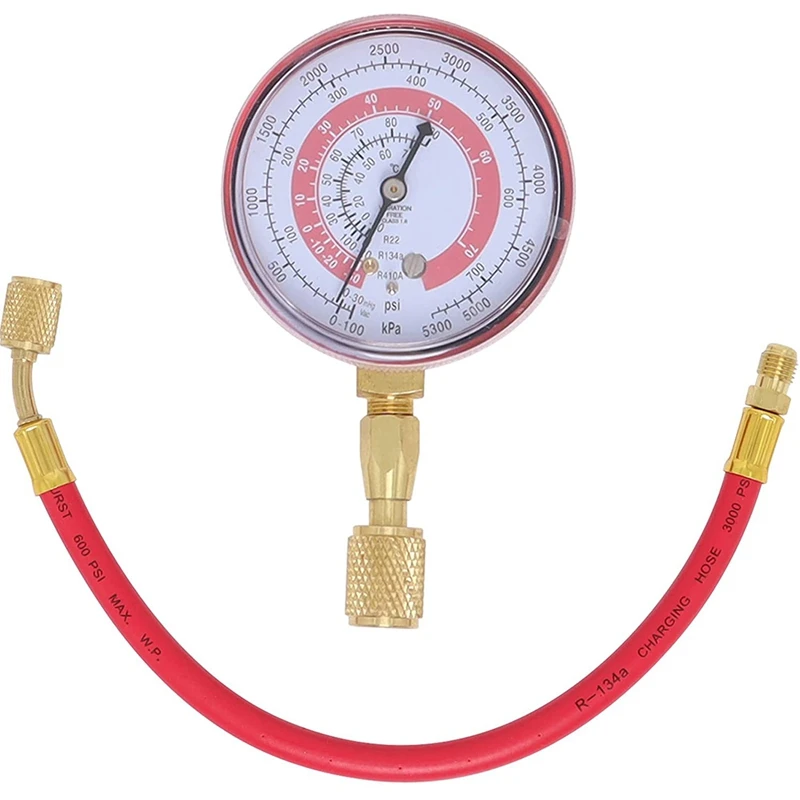 R22 Test Gauge Compatible and R410A / R404A High Pressure Gauge Red Fahrenheit 0-700 Psi and Quick Coupler and 12 inch
R22 Test Gauge Compatible and R410A / R404A High Pressure Gauge Red Fahrenheit 0-700 Psi and Quick Coupler and 12 inch