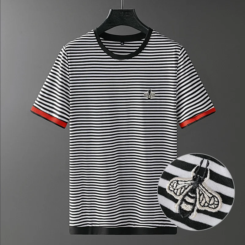 

short European men's T-shirt light luxury little bee embroidery stripe Korean comfortable splicing top trend half sleeve