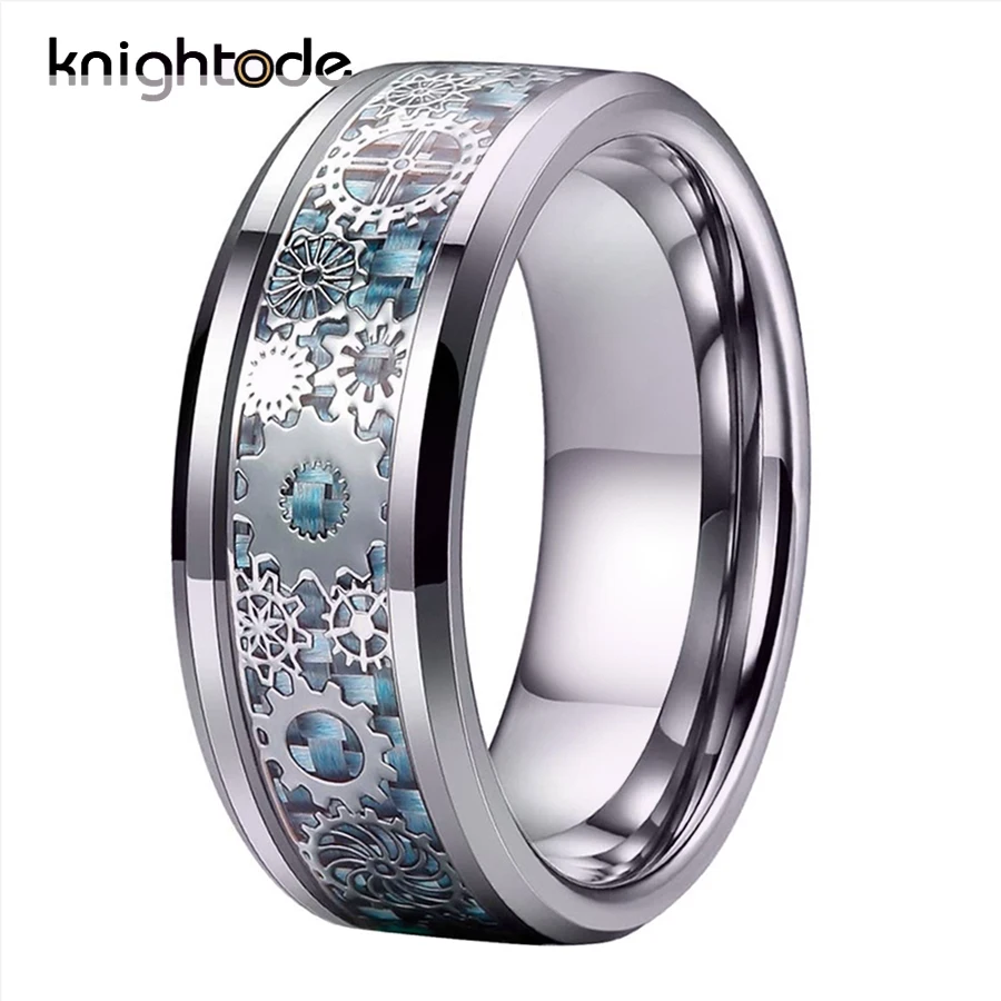 8mm Tungsten Wedding Ring Mechanical Gear Wheel Light Blue Carbon Fiber Inlay Modern Fashion Rings Beveled Edges Comfort Fit
8mm Tungsten Wedding Ring Mechanical Gear Wheel Light Blue Carbon Fiber Inlay Modern Fashion Rings Beveled Edges Comfort Fit