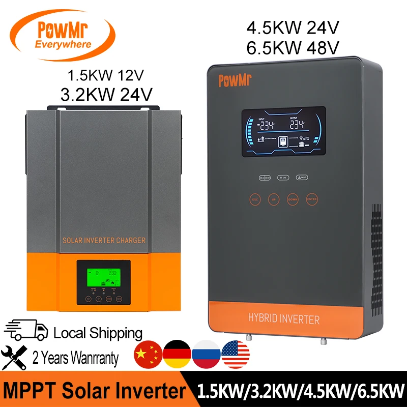 PowMr 1.5KW 3.2KW 4.5KW 6.5KW All-in-one Inverter 230VAC Output With MPPT Solar Charge Controller for Lead-Acid&Lithium Battery
PowMr 1.5KW 3.2KW 4.5KW 6.5KW All-in-one Inverter 230VAC Output With MPPT Solar Charge Controller for Lead-Acid&Lithium Battery