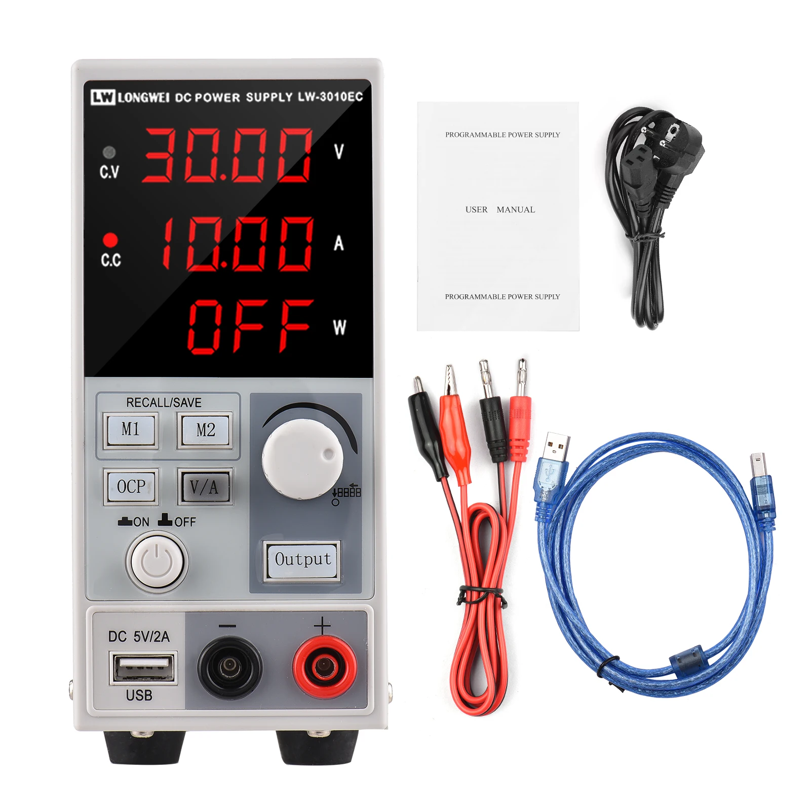 DC Power Supply Variable 30V 10A LED Adjustable Switching Regulated Power Supply 5V/ 2A USB Interface Data Recall/ Save Function 
DC Power Supply Variable 30V 10A LED Adjustable Switching Regulated Power Supply 5V/ 2A USB Interface Data Recall/ Save Function