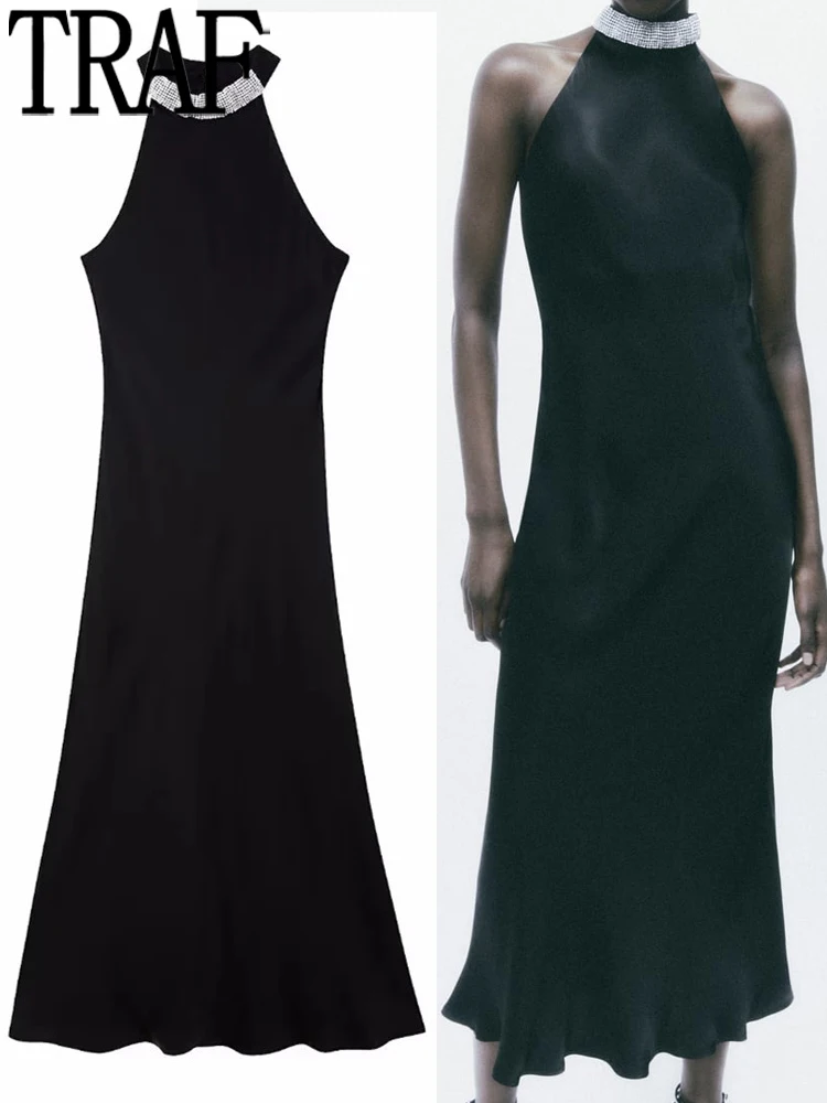 TRAF Halter Satin Dress Woman Rhinestone Black Long Dress Women Sleeveless Elegant Party Dresses For Women Sexy Evening Dresses
TRAF Halter Satin Dress Woman Rhinestone Black Long Dress Women Sleeveless Elegant Party Dresses For Women Sexy Evening Dresses