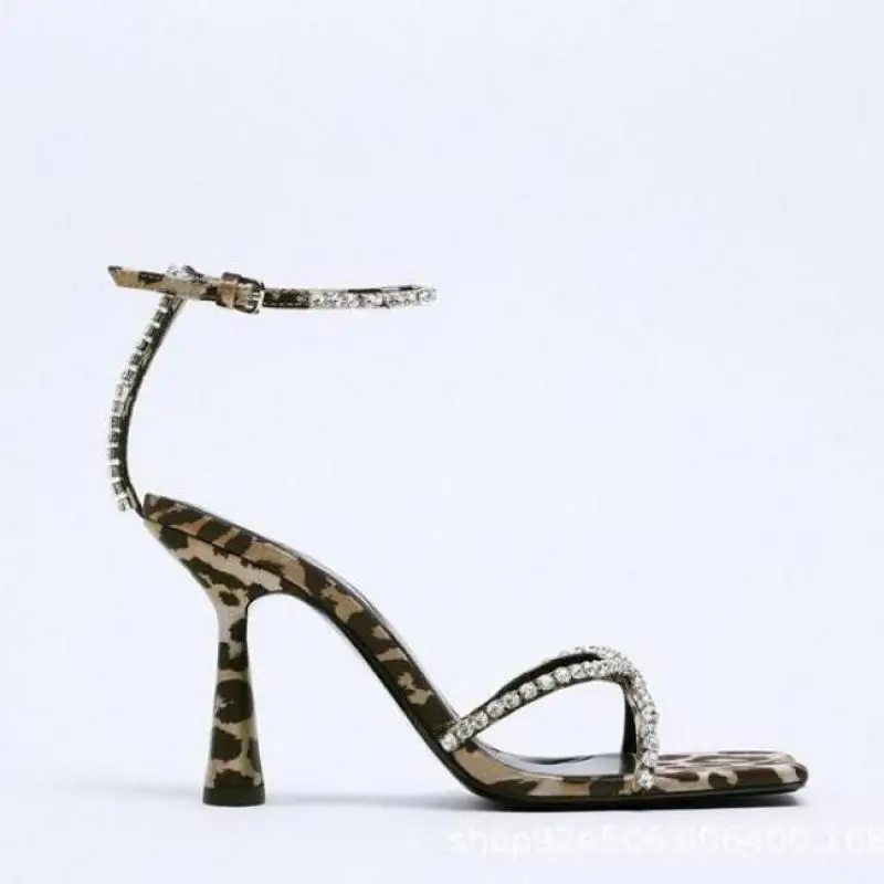 

2022 Women's Sandal Leopard Print Rhinestone Cross-strap High-heeled Sandals Stiletto Square Toe Fashion Lace-up Sandalias Mujer