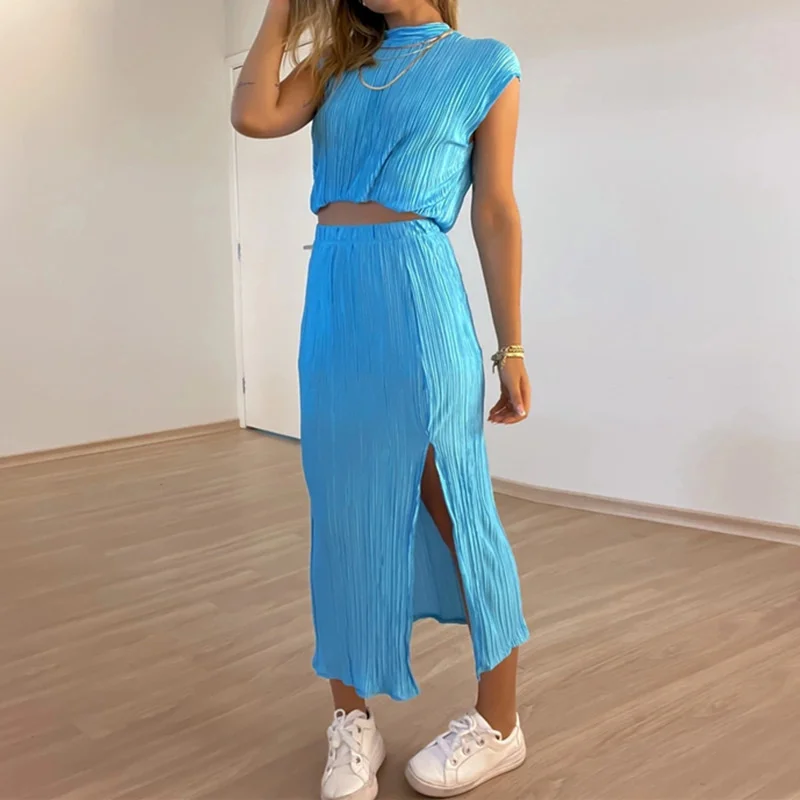 Summer Women's 2023 Crimped Half-high Collar Tracksuit High Waist Split Tank Vest And Mid-length Skirt Two Piece Sets
Summer Women's 2023 Crimped Half-high Collar Tracksuit High Waist Split Tank Vest And Mid-length Skirt Two Piece Sets