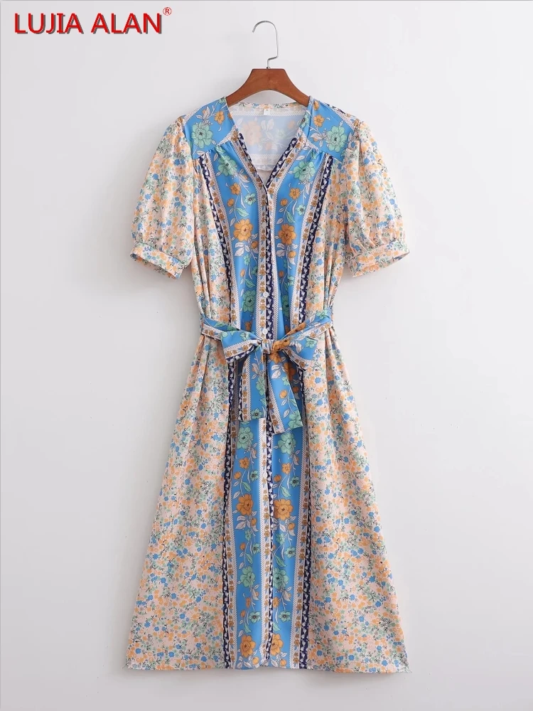 Women Placement Print V-Neck Single Breasted Dress Summer Female Puff Sleeve Midi Vestidos LUJIA ALAN D9527
Women Placement Print V-Neck Single Breasted Dress Summer Female Puff Sleeve Midi Vestidos LUJIA ALAN D9527