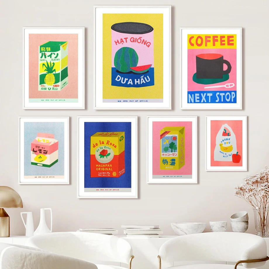 

Japanese Pineapple Juice Coffee Watermelon Color Canned Wall Art Painting Nordic Poster Packaged Print Picture Living Room Decor