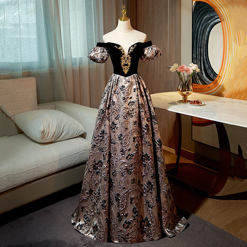 Evening Dress Black Velour Satin Off the Shoulder Short Sleeves Lace up A-line Floor Length Plus size Women Party Dresses B2363
Evening Dress Black Velour Satin Off the Shoulder Short Sleeves Lace up A-line Floor Length Plus size Women Party Dresses B2363