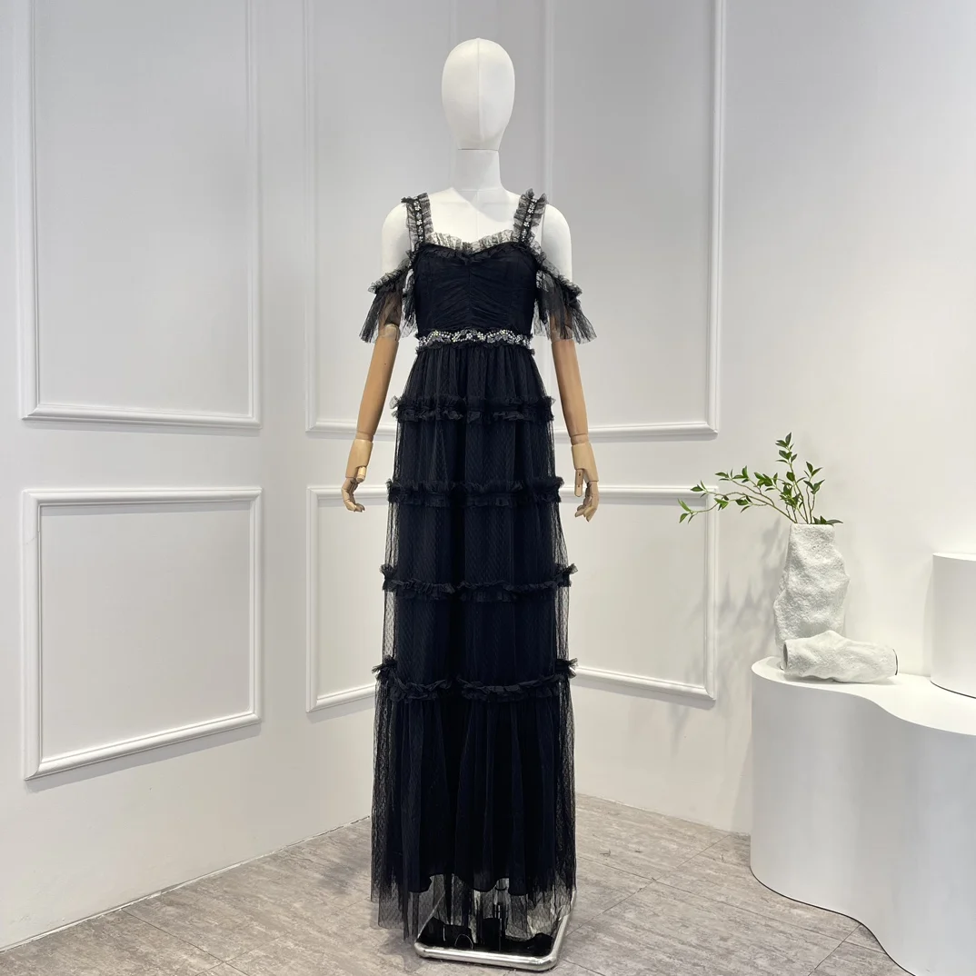 Women Clothing High Quality Black Lace Patchwork Beading Waist Adjustable Shoulder Strap Long Summer Dress
Women Clothing High Quality Black Lace Patchwork Beading Waist Adjustable Shoulder Strap Long Summer Dress