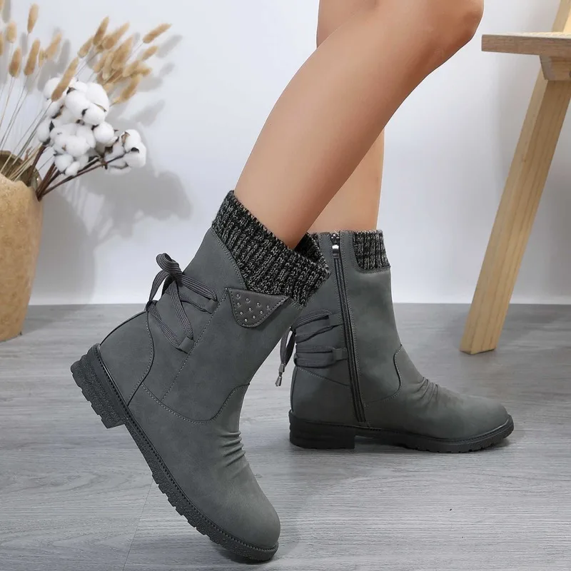 

Women's Square Heel Round Toed Warm Naked Boots 2023 Autumn Winter Retro Side Zip Mid-Calf Boots Platform Shoes Zapatos De Mujer