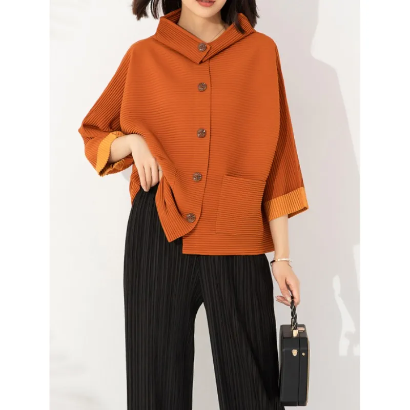 Женская однобортная плиссированная блузка, свободная однотонная блузка большого размера, осень 2023 
Женская однобортная плиссированная блузка, свободная однотонная блузка большого размера, осень 2023