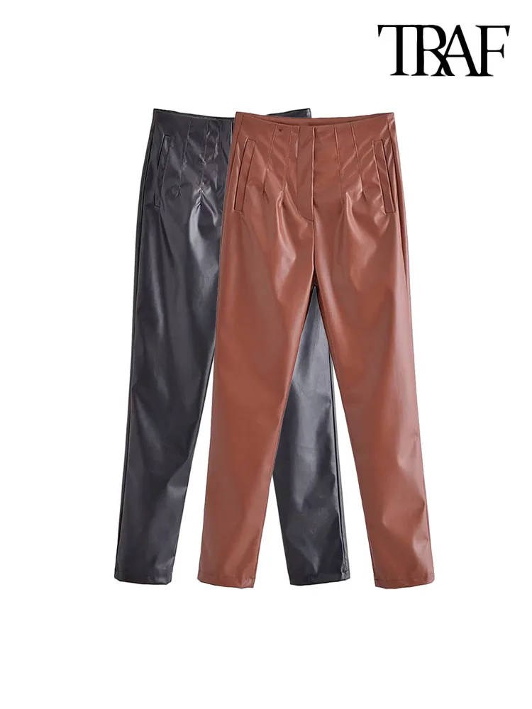 TRAF Women Fashion Front Darts Side Pockets Faux Leather Pants Vintage High Waist Zipper Fly Female Trousers Mujer
TRAF Women Fashion Front Darts Side Pockets Faux Leather Pants Vintage High Waist Zipper Fly Female Trousers Mujer