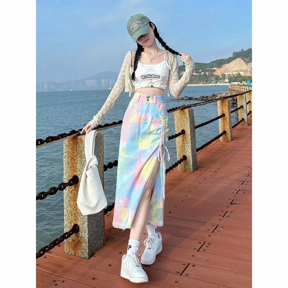 Tie Dyed High Waist Denim Skirt For Women Clothing 2023 New Spring Summer Y2K Girls A-line Drawstring Split Jeans Skirts BC388
Tie Dyed High Waist Denim Skirt For Women Clothing 2023 New Spring Summer Y2K Girls A-line Drawstring Split Jeans Skirts BC388