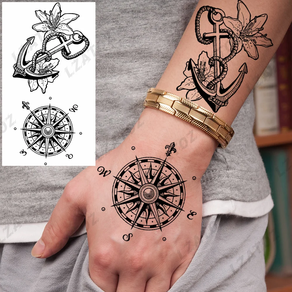 

3D Anchor Lily Compass Temporary Tattoos For Men Adults Lion Skull Snake Flower Fake Tattoo Sticker Hand Washable Art Tatoos
