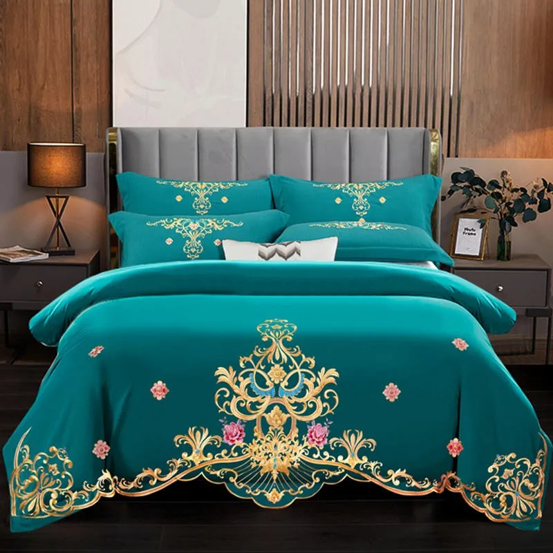 

400TC Brushed Cotton Flower Embroidered Duvet Cover Set Blossom Elegant Bedding set Bed Sheet Pillowcases Double Queen King 4Pcs