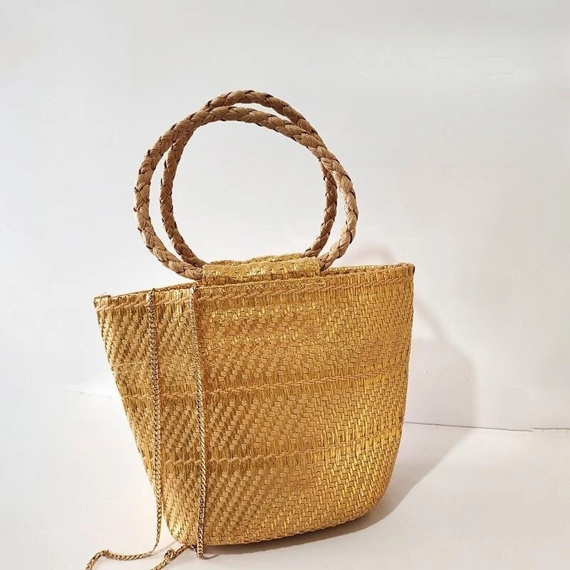 

2023 NEW Design For Autumn Golden Tan Brown Straw Woven Crochet Fashion Large Bucket Top Handle Embellished Evening Clutch Bag